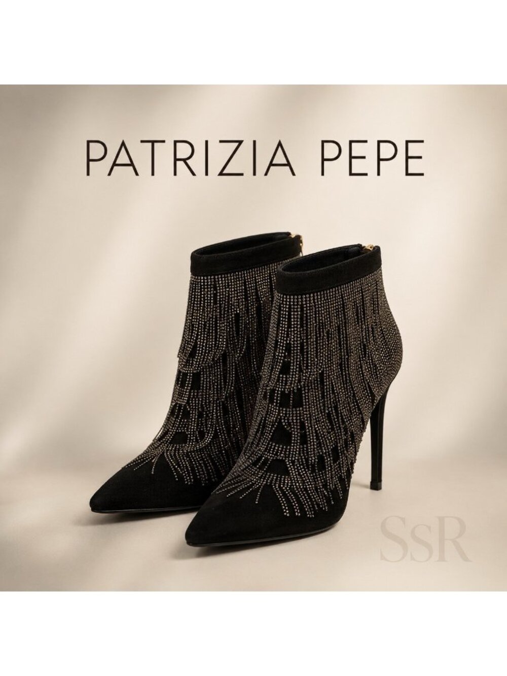 Patrizia Pepe Rhinestone Fringe Suede Ankle Boots Black  Stiletto IT39 US8.5